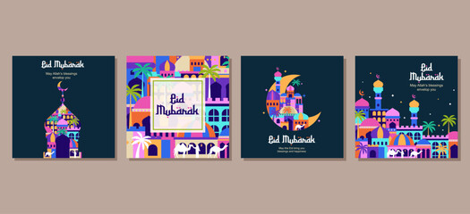 Set of eid mubarak al fitr islamic arabic mosque architecture illustration for a poster banner, cover, social media post template. vector illustration