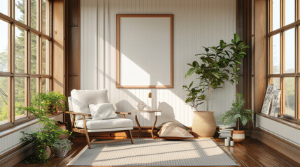 interior design, blank mockup photo oak wooden frame template showcase home interior Scandinavian design background