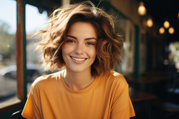 Portrait of a beautiful young woman smiling and looking at camera in a cafe