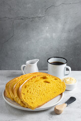 Corn bread. Delicious cornbread with butter and coffee.
