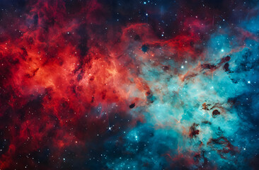 Obraz premium Outer space background featuring red and green-turquoise galaxy dust, creating a vibrant cosmic scene. Ideal for sci-fi, astronomy, and abstract design themes