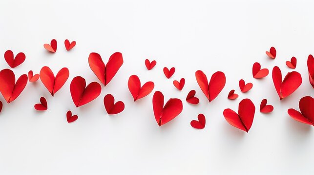 Continuous heart-shaped lines with real paper hearts on a white background for Valentine's Day.
