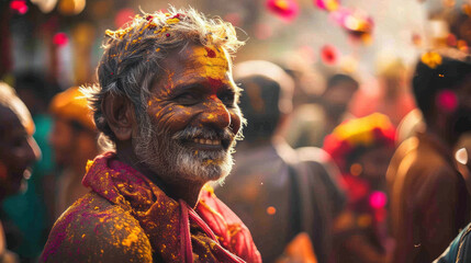 A vibrant depiction of a Hindu festival celebration, featuring a multitude of colors and religious ceremonies in India