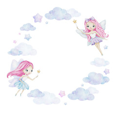 Fototapeta na wymiar Cute little fairy with magic wand, stars, clouds. Children's background. Watercolor round frame. Isolated. Design for kid's goods, postcards, baby shower and children's room