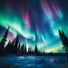 Green and mixed coloured northern lights in winter 