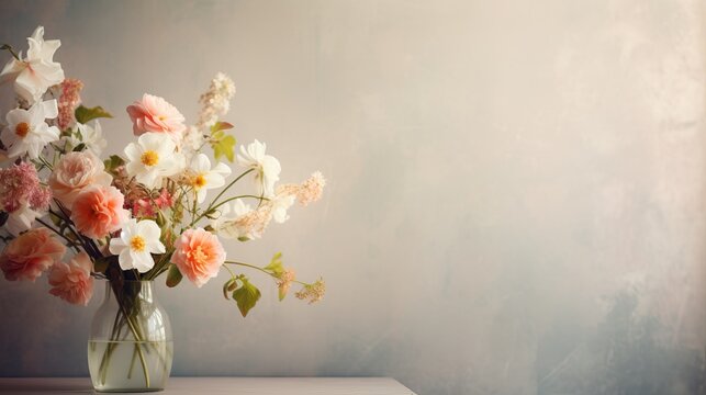 Spring bouquet in a vase with copy space on calm background.