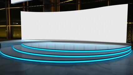 Empty stage design for mockup and corporate identity, display. Platform elements in hall. Blank screen system for graphic Resources. Scene event led night light staging. 3d rendering for online.	
