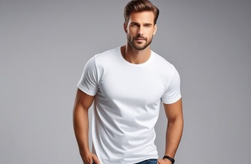 White t-shirt on a young man template on gray background.template on hipster adult for design print