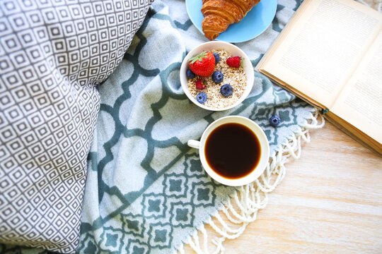 Breakfast with coffee, croisan and cereal