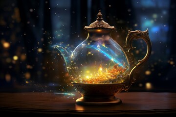 Ancient Magic lamp. Golden dream light. Generate Ai