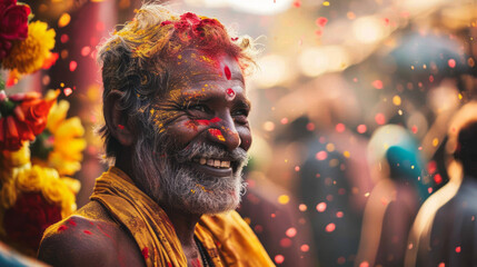 A vibrant depiction of a Hindu festival celebration, featuring a multitude of colors and religious ceremonies in India