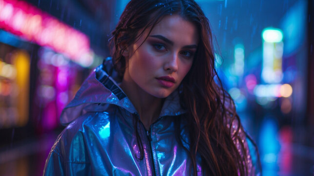 Woman Standing in Rain wearing Iridescent Raincoat