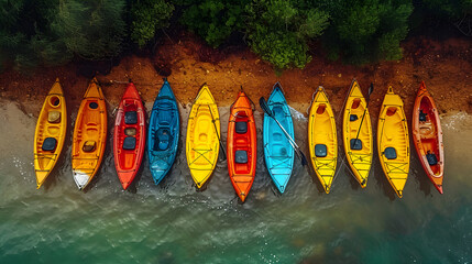 Colorful kayaks lined up on a shore, aerial view.