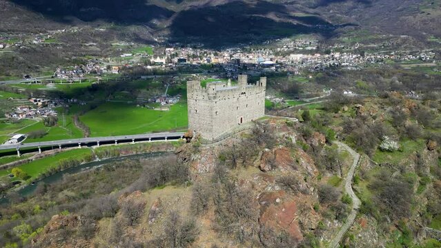 Aerial view of famous Ussel castle Aosta Valley Italy top down view