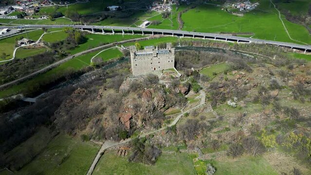 Aerial view of famous Ussel castle Aosta Valley Italy top down view