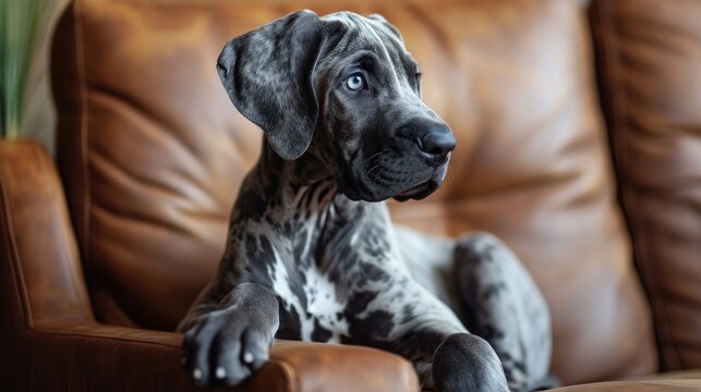 Photo portrait of a cute white and black Great Dane puppy with blue eyes, on a brown sofa