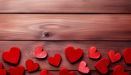 Fondo de corazones de madera rojos en mesa de madera.