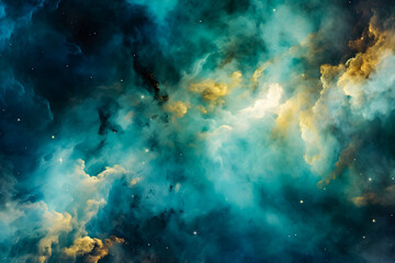 Obraz premium Stunning galaxy background in green-turquoise and yellow hues, showcasing cosmic beauty and vibrant space colors. Ideal for sci-fi, fantasy, and abstract design themes