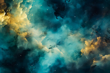 Obraz premium Stunning galaxy background in green-turquoise and yellow hues, showcasing cosmic beauty and vibrant space colors. Ideal for sci-fi, fantasy, and abstract design themes