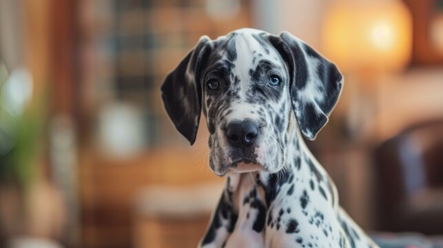 Photo portrait of a cute white and black Great Dane puppy with blue eyes on a blurred background