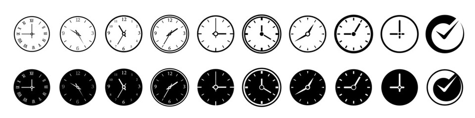 Time clock icon set. Clock face set. Linear and silhouette style.
