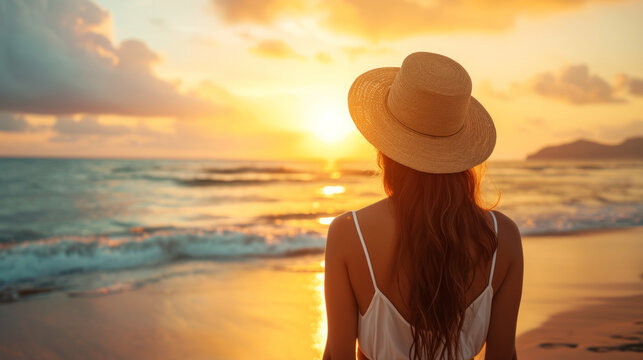 Woman with hat vacationing at sunrise at the beach looking at the ocean with Copy Space , summer holiday background image