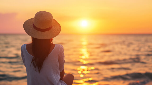 Woman with hat vacationing at sunrise at the beach looking at the ocean with Copy Space , summer holiday background image