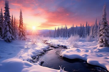 Frosty Magic winter blurred landscape cold. Festive forest. Generate Ai