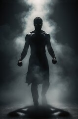 Fototapeta na wymiar Silhouette of a muscular man with glowing eyes in misty darkness 