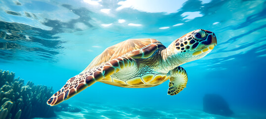 Fototapeta premium A serene shot of a sea turtle near the beach and coral reefs, capturing the beauty of marine life. Perfect for nature, wildlife, and underwater themes