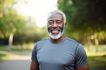 Black History Month, Senior fitness african american man outdoor at park for energy, health and...