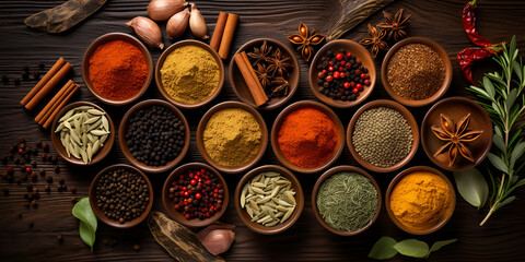 Variety of spices on wooden kitchen table,,
