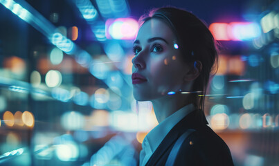 a futuristic portrait of a businesswoman with holographic screens, incorporating glitch effects and reflections