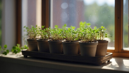 Seedlings in pots on the windowsill