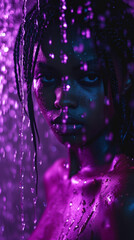 Beautiful afroamerican woman in purple light under raindrops. Fashion portrait, black, cyberpunk vaporwave portrait. Party luxury portrait with water and fashion setup