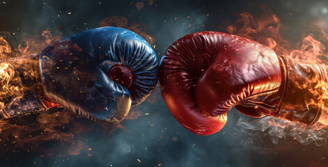 Red, blue boxing gloves in the form of hyper-realistic cyclorama elements, light red and dark blue. For banners promoting boxing, boxing sports