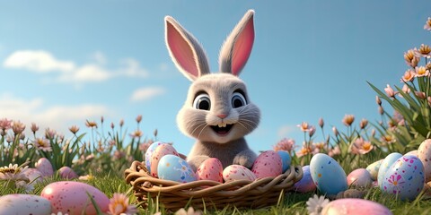 A cute Easter bunny happily in a basket with Easter eggs, animated film, 3d rendering 