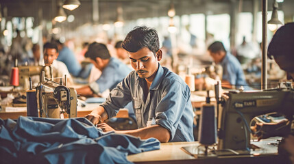 indian male group working on the sewing machine at textile factory.