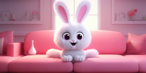 A cute white and pink bunny with big eyes lies happily on a pink couch in the living room, 3d rendering 