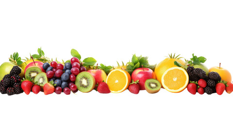 A heaped mountain with fresh fruit of many different varieties, white background, banner