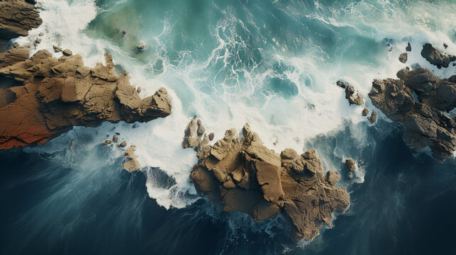 A breathtaking coastline with sand, stones and trees from a bird's eye view - drone photography