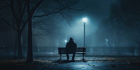  A lonely man sits on a bench at night surrounded by streetlights and fog, depression - Powered by Adobe