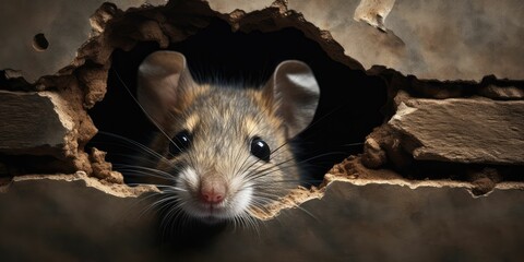  A mouse looks out of a hole in the wall