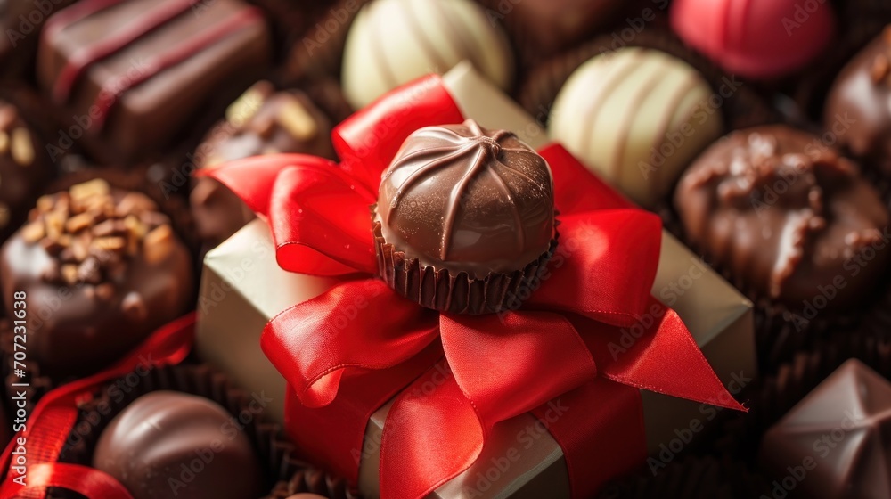 Aufkleber a close up of a box of chocolates with a red bow on top of one of the chocolates is on the other sid