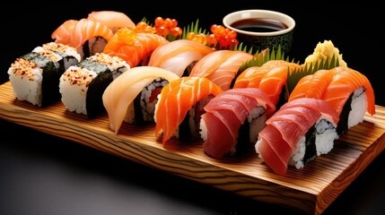  A platter of different types of sushi background 