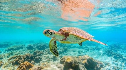 green sea turtle in the water with coral reef below it