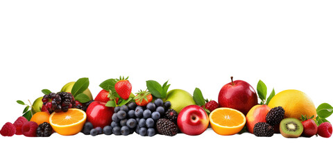 A heaped mountain with fresh fruit of many different varieties, white background, banner