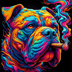 psychedelic dog with ciggarette in mouth on black background