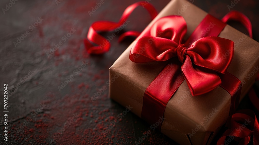Poster a brown gift box with a red ribbon on a black surface with red sprinkles and a red ribbon on the top