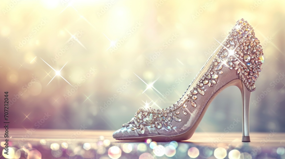 Poster a close up of a high heeled shoe with a lot of sparkles on the top of the shoe and on the bottom of 
